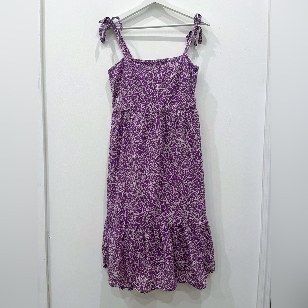 GAP Tie-Shoulder Tiered Midi Dress Women's Sz S Purple Floral Print Cotton Lined